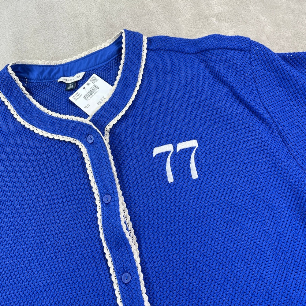 American Eagle Baseball Top M Blue NEW Crochet Lace Trim Jersey 77 Sporty - Picture 6 of 11